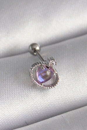Dodes Dodes 316L Çelik Gümüş Renk Mor Mineli Kalp Zirkon Taş Detay Tragus Piercing TG27PR1273