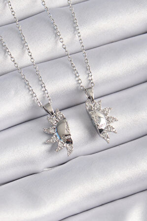 Dodes 316L Çelik Gümüş Renk Zirkon Taşlı Güneş Model İşleme Yazı Detay Arkadaşlık Kolyesi TG27BKO9289