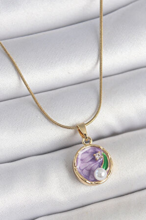 Dodes Dodes 316L Çelik Gold Renk Zincir Mor Çiçek İşlemeli Zirkon Taş İnci Detaylı Minimal Portre Model Kadın Kolye TG27BKO10134