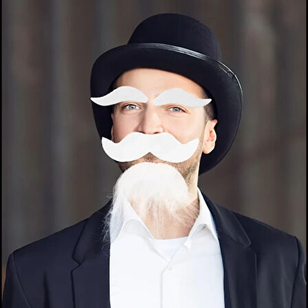 Dodes Beyaz Renk Kendinden Yapışkanlı Takma Sakal Bıyık ve Kaş Seti