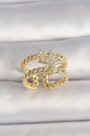 Dodes Pirinç Gold Renk 2'Li Zincir Zirkon Taşlı Yıldız Figür Kadın Yüzük TG27BYK3594