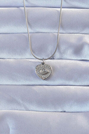 Dodes 316L Gümüş Renk Zirkon Taşlı İşlemeli Göz Detay Kalp Kolye TG27BKO9285