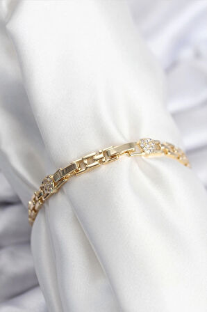 Dodes Pirinç VIP Seri Gold Renk Zincir Model Kalpli Zirkon Taşlı Kadın Bileklik TG27BB7929