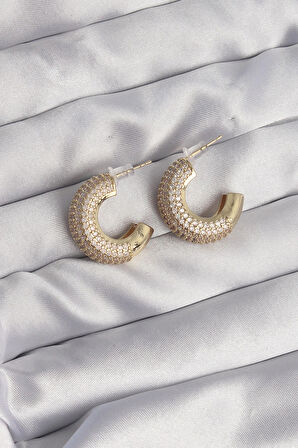 Dodes Pirinç Gold Renk Zirkon Taşlı Yarım Halka Küpe TG27BKP9113