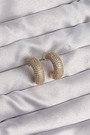 Dodes Pirinç Gold Renk Zirkon Taşlı Yarım Halka Küpe TG27BKP9113