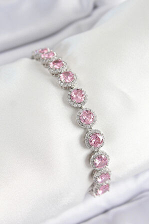 Dodes Pirinç Pembe Zirkon Taşlı Daire Baget Model Gümüş Renk VIP Seri Kadın Bileklik TG27BB7511