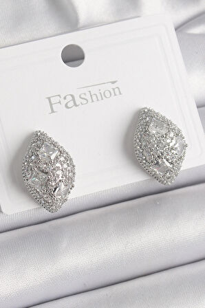 Dodes Pirinç Gümüş Renk Zirkon Taş İşlemeli Damla Model Kadın Küpe TG27BKP9863