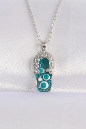 Dodes 316L Çelik Zincir Zirkon Taşlı Gümüş Renk Nazarlı Terlik Tasarımlı Kolye TG27BKO8665