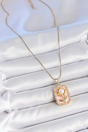 Dodes 316L Çelik Gold Renk Zincir Pembe Mineli İncli Papatya Model Portre Model Kadın Kolye TG27BKO10197