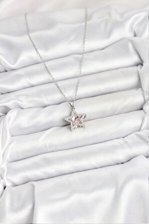 Dodes Dodes 316L Çelik Zincir Gümüş Renk Pembe Taşlı Yıldız Model Kadın Kolye TG27BKO10620