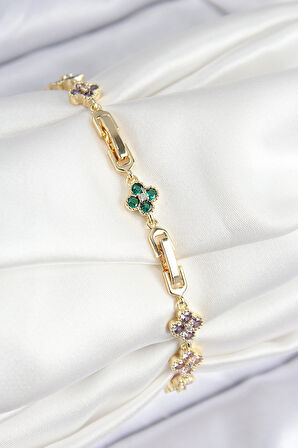 Dodes Dodes VIP Pirinç Renkli Zirkon Taşlı Yonca Model Gold Renk Kadın Bileklik TG27BB7781