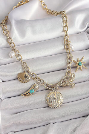 Dodes Dodes 316L Çelik Gold Renk Zincir Sallantılı Çoklu Figür Model Kadın Kolye TG27BKO9849