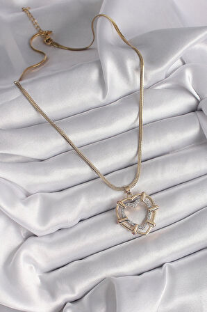 Dodes 316L Çelik Gold Renk İtalyan Zincir Mix Renk Zirkon Taşlı Kalp Model Kadın Kolye TG27BKO9601