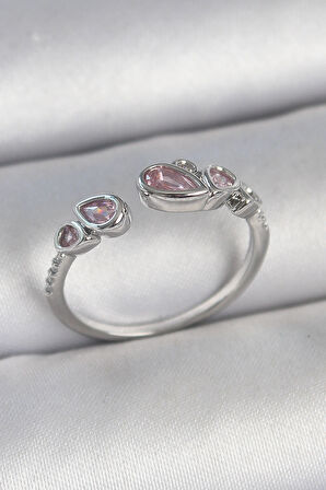 Dodes Dodes Pirinç Gümüş Renk Pembe Damla Zirkon Taşlı Ayarlanabilir Model Kadın Yüzük TG27BYK3734