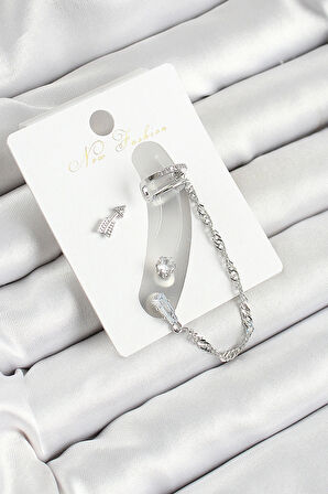 Dodes Dodes Pirinç Ok Figürlü Zirkon Taşlı Gümüş Renk 3'lü Kıkırdak Kadın Küpe Set TG27BKP10663