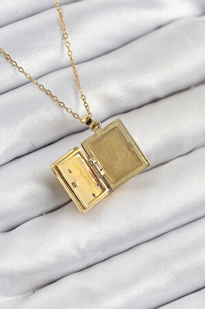 Dodes 316L Çelik Zirkon Taşlı Açılabilr Kapaklı Kitap Model Gold Renk Kadın Kolye TG27BKO10515