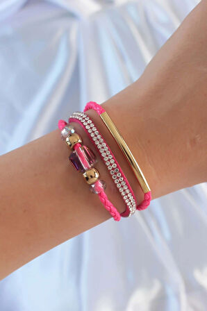 Dodes Pembe Renk Zirkon Taşlı Deri Çoklu Bileklik TG27BB6352