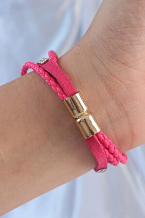 Dodes Pembe Renk Zirkon Taşlı Deri Çoklu Bileklik TG27BB6352