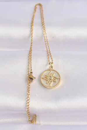 Dodes Dodes 316L Çelik Zincir Altın Renk Zirkon Taşlı Oval Tasarım Güneş Kolye TG27BKO8653