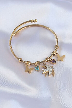 Dodes 316L Çelik Gold Renk Zirkon Taşlı Minimal Kalp Detay Kelebek Charm Bileklik TG27BB6091