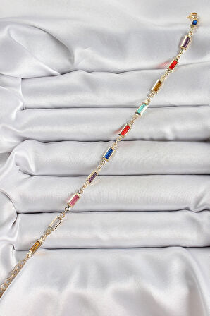 Dodes Dodes Pirinç Gold Renk Karışık Renkli Kare Zirkon Taşlı Kadın Bileklik TG27BB7040