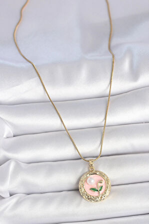 Dodes 316L Çelik Gold Renk Zincir Pembe Çiçek İşlemeli İnci Detay Portre Model Kadın Kolye TG27BKO10125