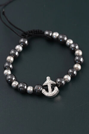 Dodes Doğal Taş Çapa Model Gümüş Ve Füme Renk Asansörlü Erkek Bileklik TG27EB3762