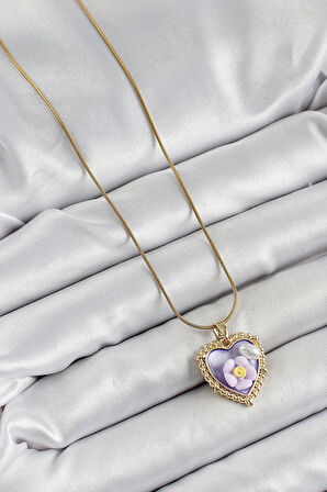 Dodes Dodes 316L Çelik Zincir Mor Sanatsal Portre İnci Detaylı Papatya Figürlü Kalp Model Gold Renk Kadın Kolye TG27BKO10272