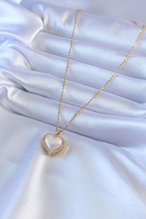 Dodes Dodes 316L Çelik Gold Renk İncili Kalp Model Zirkon Taşlı Kadın Kolye TG27BKO7566