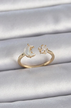 Dodes Dodes Pirinç Gold Renk İncili Hilal Zirkon Taşlı Yıldız Ayarlanabilir Model Kadın Yüzük TG27BYK3360