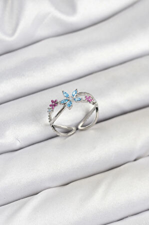 Dodes Pirinç Gümüş Renk Zirkon Taşlı Mavi Çiçekli Kadın Yüzük TG27BYK3835