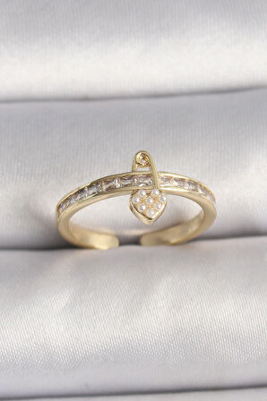 Dodes Pirinç Gold Renk Zirkon Taşlı İnci Detay Kilit Kalp Figür Ayarlanabilir Yüzük TG27BYK3537