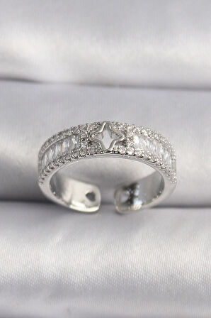 Dodes Pirinç Gümüş Renk Zirkon Taşlı Yıldız İşleme VIP Seri Kadın Yüzük TG27BYK3509