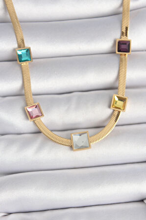 Dodes Dodes 316L Çelik Gold Renk İtalyan Zincir Model Kare Renkli Zirkon Taşlı Kadın Kolye TG27BKO10118