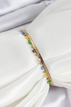 Dodes 316L Çelik Gold Renk Karışık Renkli Kristal Taşlı Kadın Bileklik TG27BB7090