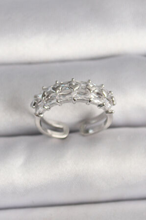 Dodes Dodes Pirinç Gümüş Renk Zirkon Taşlı Ayarlanabilir Yüzük TG27BYK3548