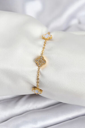 Dodes 316L Çelik Gold Renk Beyaz ve Zirkon Taşlı Baby Boy Yonca Kadın Bileklik TG27BB7955