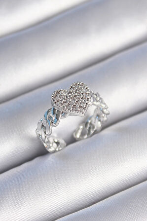 Dodes Pirinç Gümüş Renk Zincir Kordon Zirkon Taşlı Kalp Model Kadın Yüzük TG27BYK3484