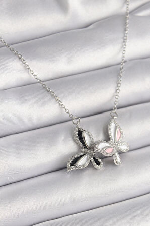 Dodes 316L Çelik Gümüş Renk Zincir Zirkon Taşlı Renkli Kelebek Model Kadın Kolye TG27BKO9615