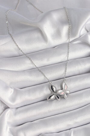 Dodes 316L Çelik Gümüş Renk Zincir Zirkon Taşlı Renkli Kelebek Model Kadın Kolye TG27BKO9615