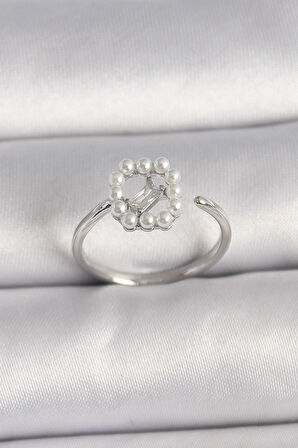 Dodes Pirinç Gümüş Renk Zirkon Taş Detaylı İncili Ayarlanabilir Yüzük TG27BYK3542