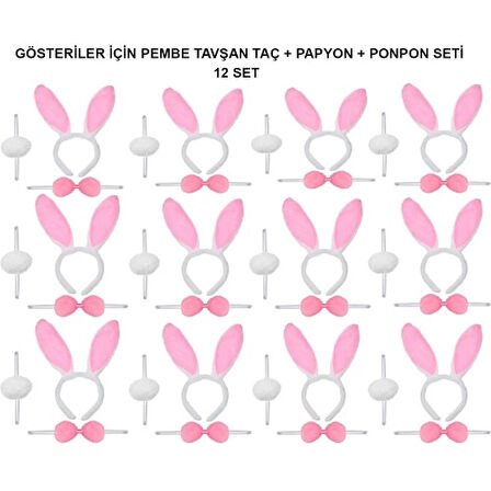 Dodes Pembe Tavşan Kostüm Seti – Taç, Papyon, Ponpon (12’li Paket)