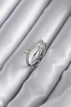 Dodes Pirinç Gümüş Renk Zirkon Taşlı Kelebek Model Kadın Yüzük TG27BYK3851