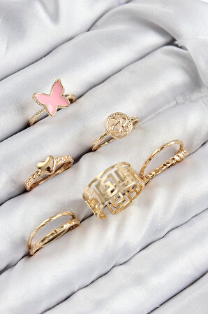 Dodes Pirinç Kelebek Ve Kalp Model Gold Renk Kadın Yüzük Kombin Set TG27BYK3817