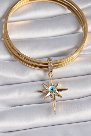 Dodes Pirinç Gold Renk Zirkon Taşlı Kutup Yıldızı Nazar Boncuk Detay Ajda Charm TG27BC1006