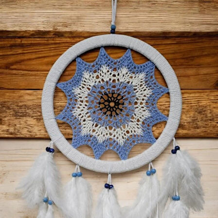 Dodes Buz Mavisi Renginde Nazar Motifli Kuş Tüylü Duvar Süsü