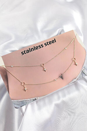 Dodes Dodes 316L Çelik Zirkon Taşlı Kutup Yıldızı Model Gold Renk Göbek Bel Zinciri TG27BKGZ10344