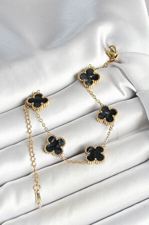 Dodes Dodes 316L Çelik Sedefli Siyah Gold Renk Yonca Kadın Bileklik TG27BB6969