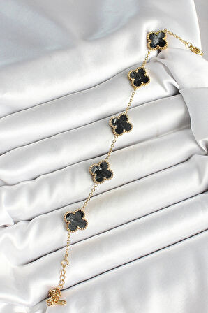 Dodes Dodes 316L Çelik Sedefli Siyah Gold Renk Yonca Kadın Bileklik TG27BB6969