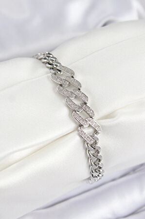 Dodes Pirinç Zirkon Taşlı Ezme Küba Zincir Model Gümüş Renk Kadın Bileklik TG27BB7550